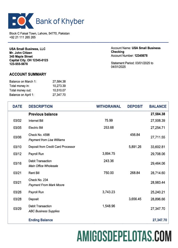 Imprimível Paquistão The Bank Of Khyber Enterprise Account Statement Word And PDF model